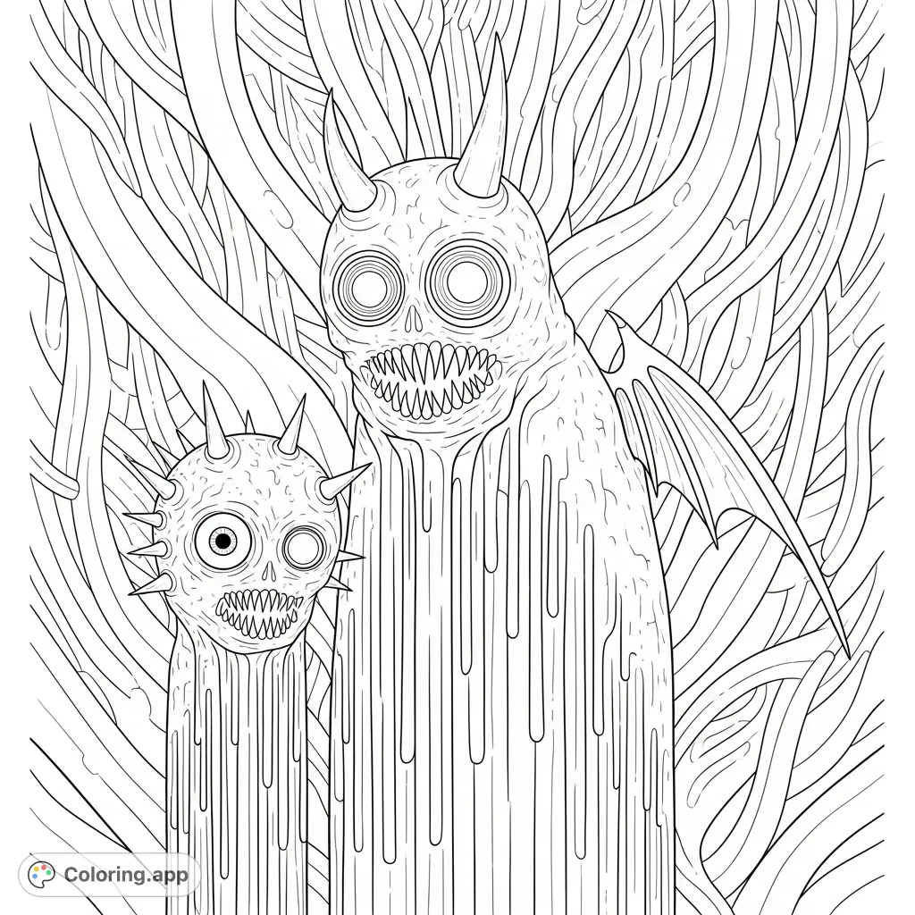 Discover an abstract creature coloring page featuring two imposing, textured figures with spikes and a jagged maw, set against a dense, etched environment.