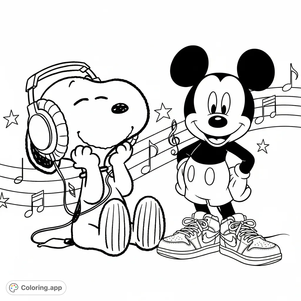 A fun coloring page featuring Snoopy with headphones and Mickey Mouse in Air Jordans, ready to groove. Perfect for fans of these iconic characters!