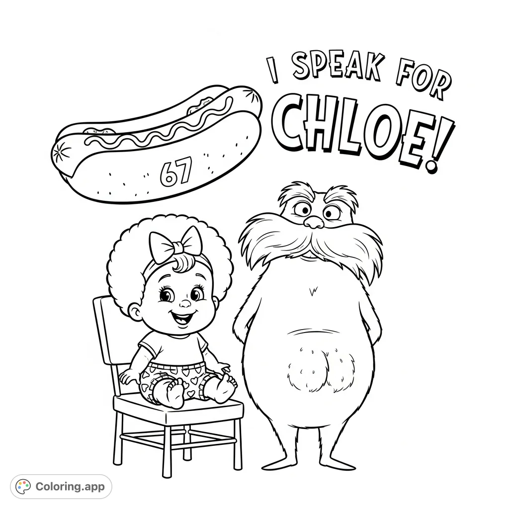 A delightful coloring page featuring a cheerful baby with an afro and The Lorax, alongside a floating hotdog and special 'I SPEAK FOR CHLOE!' text.