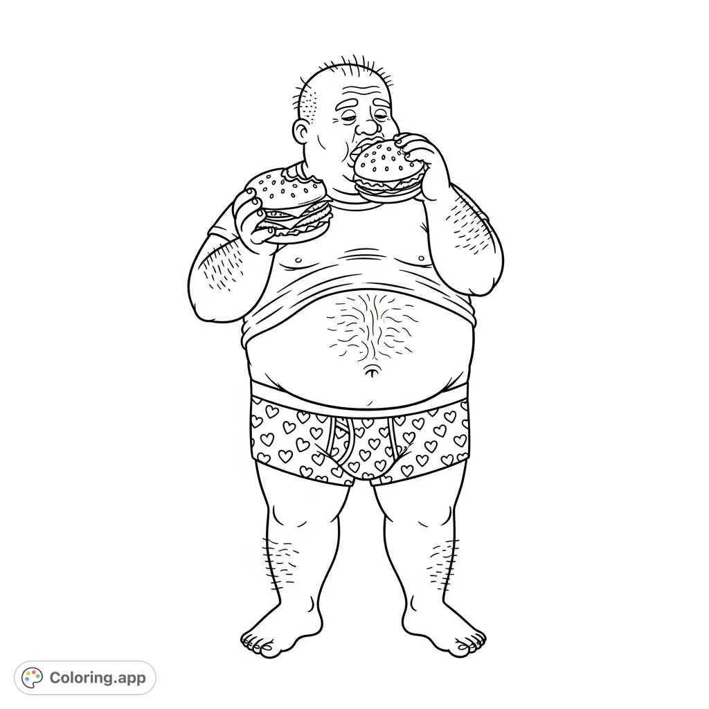 A humorous man with an undersized shirt, exposed belly, and heart-patterned underwear enjoys a burger. A fun, free printable coloring page.
