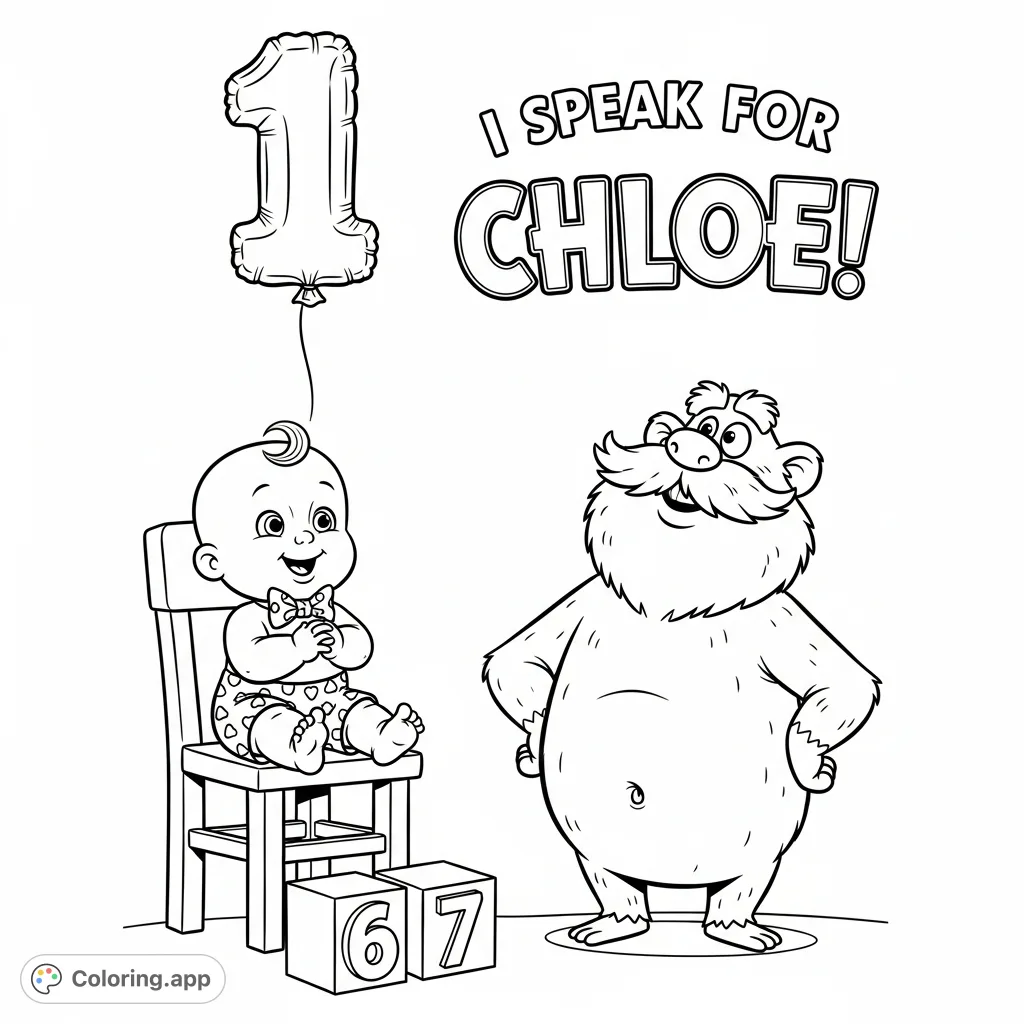 A cheerful baby, bow-tied and in patterned shorts, celebrates a first birthday with a floating '1' balloon, a character with a bushy mustache, and custom text.