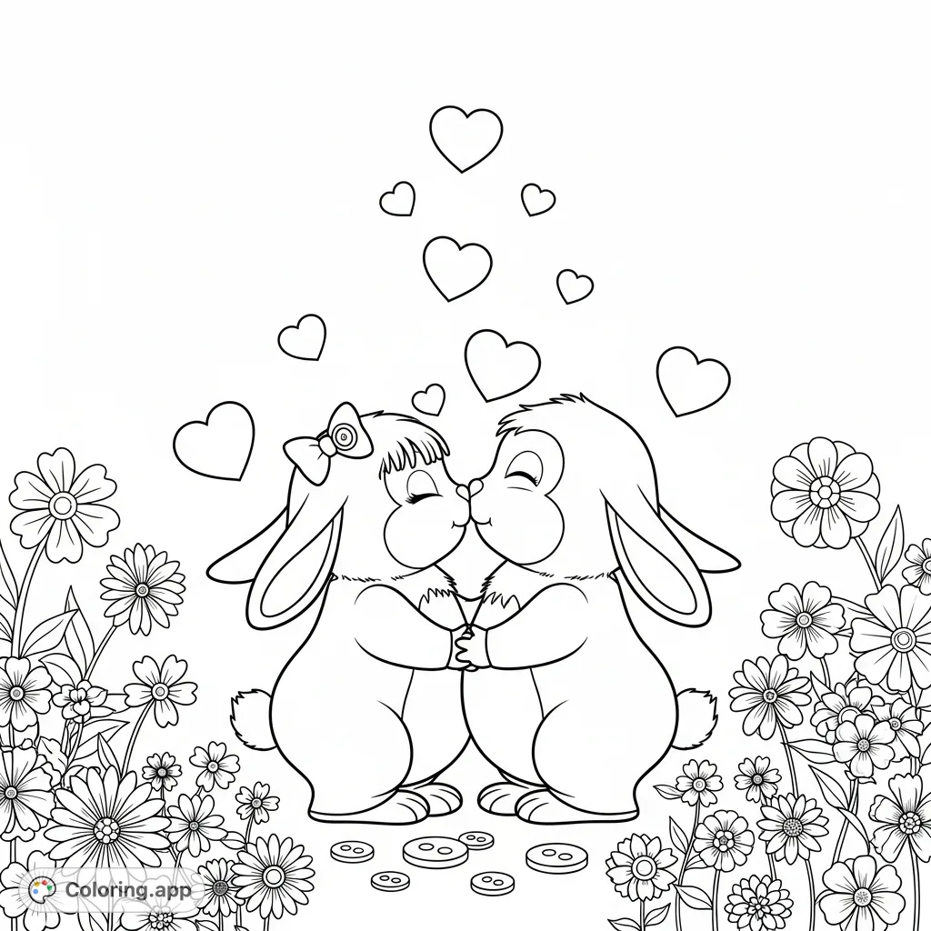 A heartwarming Labubu coloring page featuring a Labubu girl and boy sharing a tender kiss, surrounded by floating hearts and a delightful scattering of various flowers.