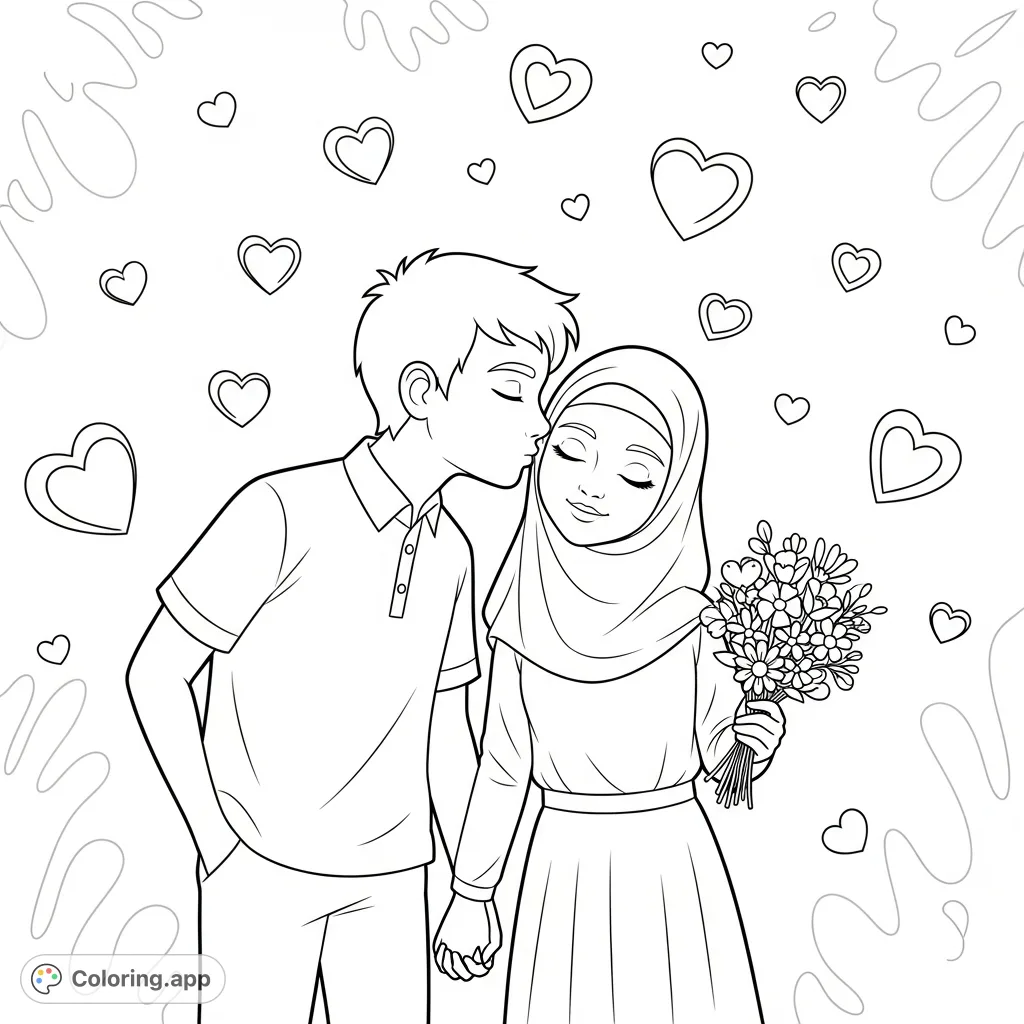 A charming Labubu boy and girl share a tender kiss, surrounded by floating hearts and a bouquet of flowers. Perfect for expressing affection and celebrating love.