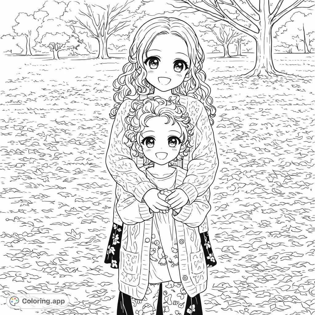Capture the warmth of a childhood bond with this anime-inspired coloring page featuring two smiling girls amidst fallen leaves. A heartwarming scene!