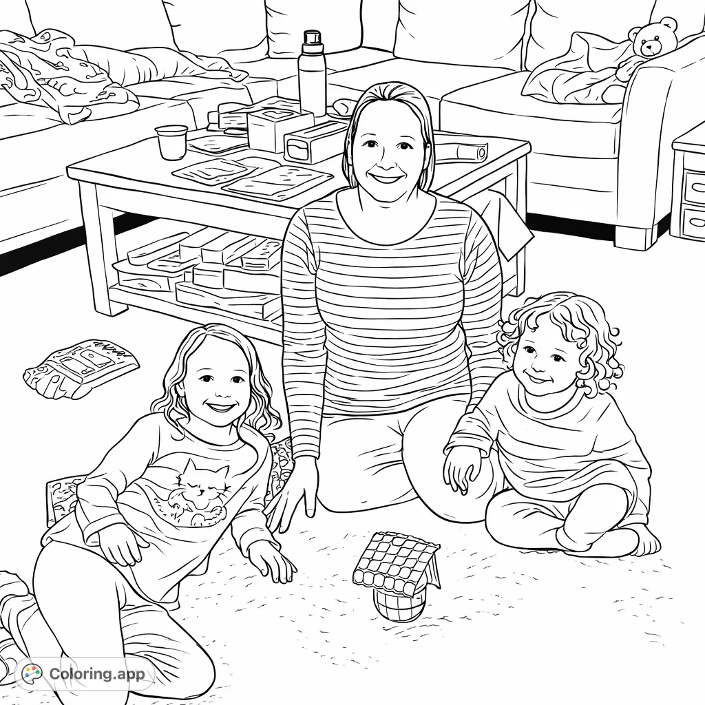 Capture a heartwarming family moment with a smiling mother and her two children on the floor. A delightful scene for all ages to color and cherish.