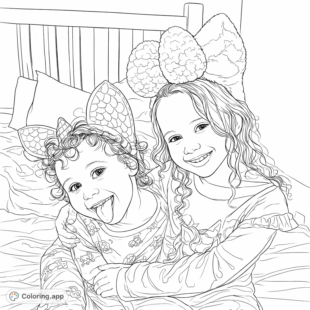 A charming coloring page featuring two playful girls in fun headbands, ready for a cozy coloring adventure. Perfect for imaginative kids!