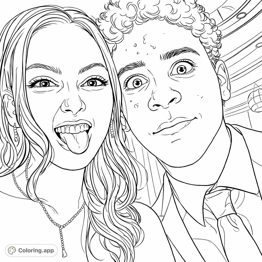 A fun close-up of two friends making silly faces, featuring expressive details and formal attire, perfect for a playful coloring session for teens and adults.