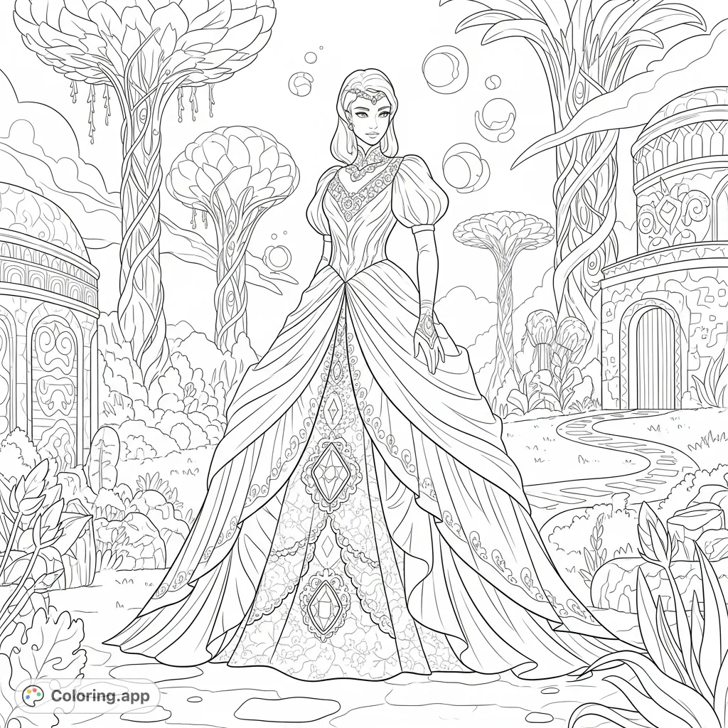Step into a wondrous realm with this magical land coloring page, featuring a figure in an exquisitely detailed, sparkly gown amidst fantastical scenery.
