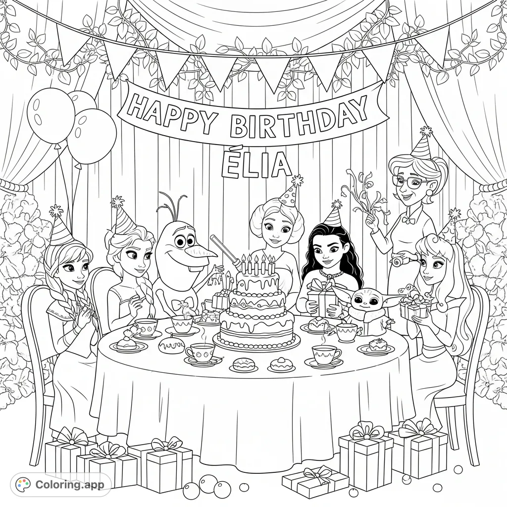 Join Anna, Elsa, Princess Leia, Moana, and friends for a lively birthday party featuring a grand cake, presents, and festive decorations. A fun-filled coloring adventure awaits!