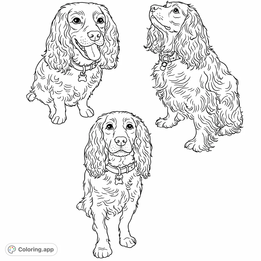 Discover three charming spaniels in unique poses, a delightful dog coloring page for pet lovers to bring to life with their favorite shades!