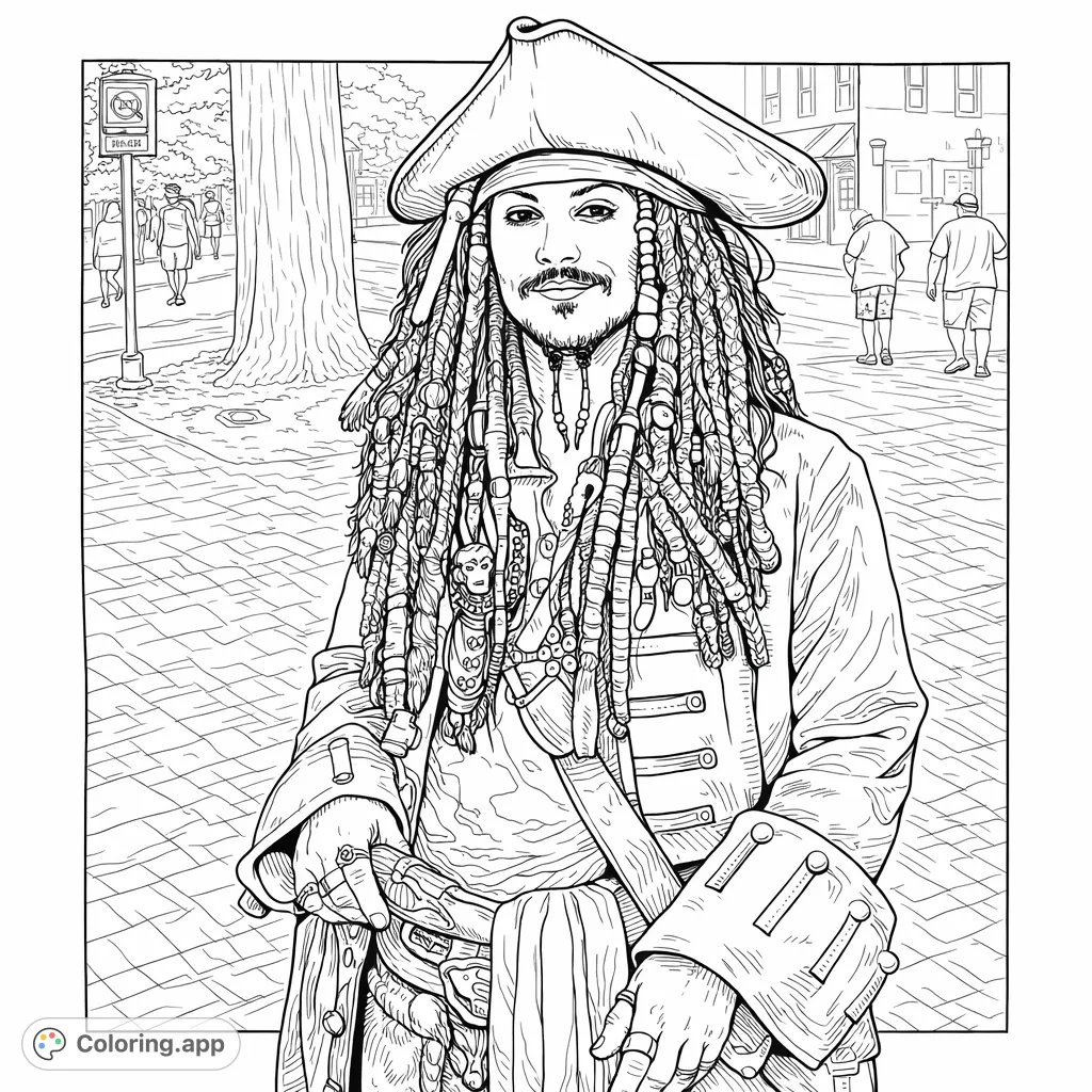 Embark on a coloring adventure with this detailed pirate character portrait. Featuring a tricorne hat, elaborate dreadlocks, and a pistol, it's a thrilling scene.