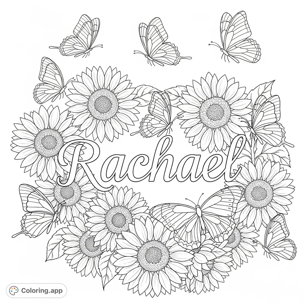A beautiful coloring page featuring the name Rachael elegantly surrounded by detailed sunflowers and delicate butterflies, perfect for personalized art.