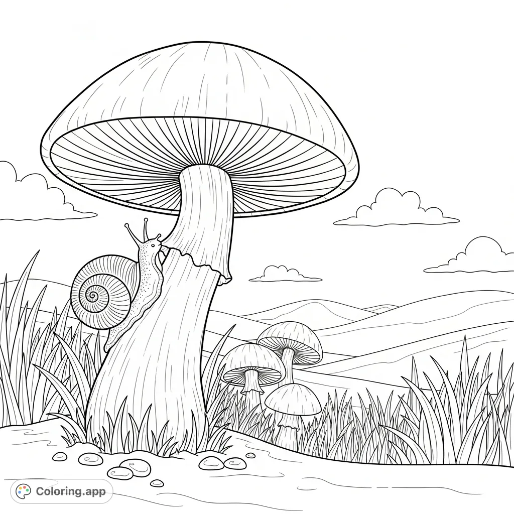 Explore a whimsical scene featuring a giant mushroom, a climbing snail, and distant rolling hills. A delightful nature coloring page for all ages!