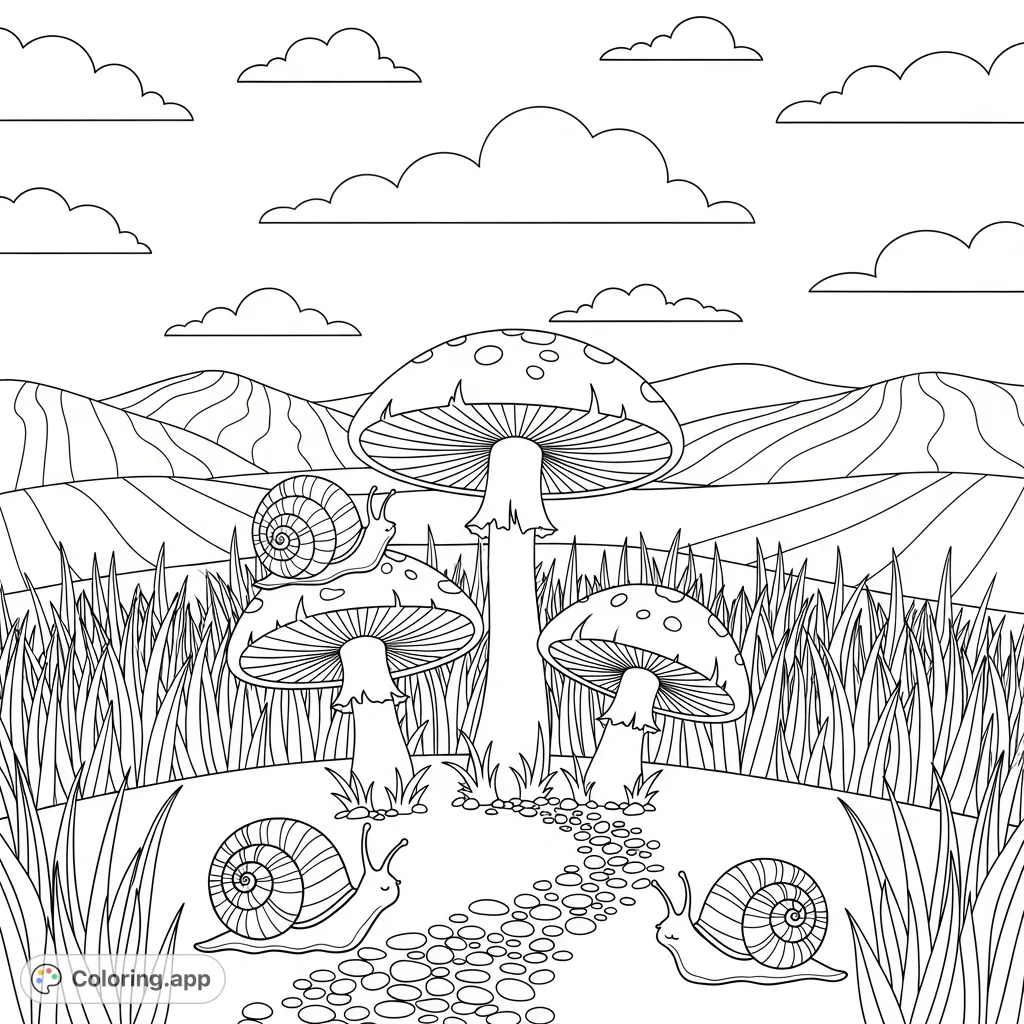 Explore a whimsical clearing with oversized, stylized mushrooms, friendly snails, a pebbled path, and gentle rolling hills under a sky of simple clouds. A charming scene!
