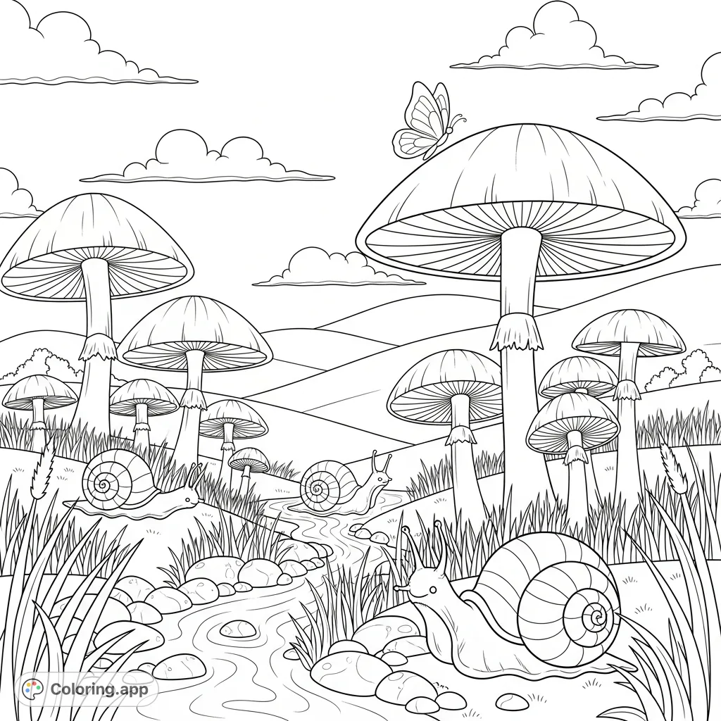 Explore a whimsical landscape adorned with giant, stylized mushrooms, a winding stream, charming snails, and a fluttering butterfly. A delightful nature scene for creative coloring.