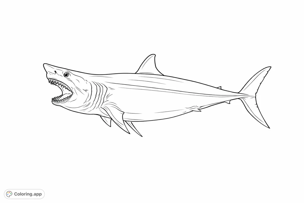 Dive into the depths with this fierce shark coloring page, featuring detailed teeth and fins. Perfect for marine life enthusiasts of all ages!