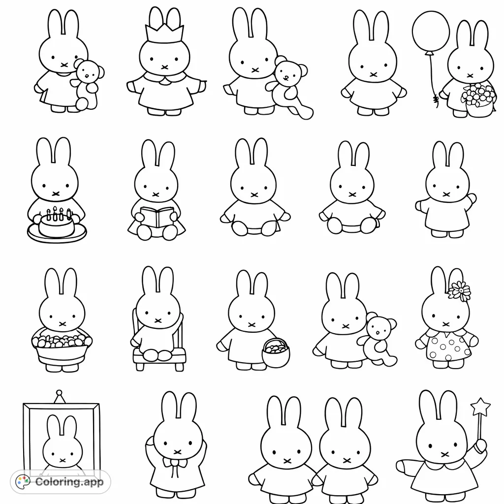 Explore a charming collection of Miffy characters in various delightful poses and outfits. A whimsical Miffy coloring page with diverse scenes for all ages.
