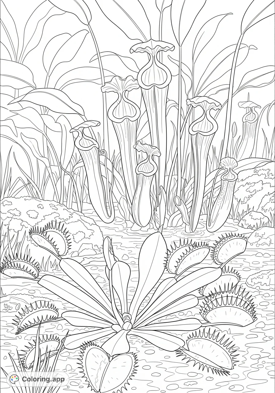 Explore the fascinating world of exotic carnivorous plants with this detailed coloring page featuring pitcher plants and Venus flytraps in their natural habitat.