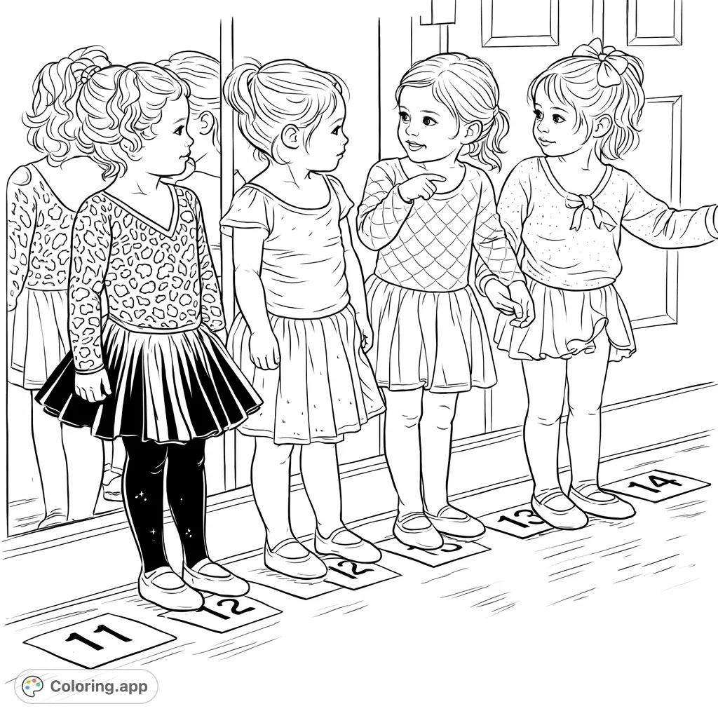 Adorable young dancers in their leotards and tutus practice ballet steps in front of a mirror, ready for a fun coloring session.