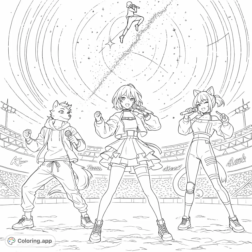 Dynamic concert scene featuring anime-style performers and anthropomorphic characters on a stage under a dazzling, star-filled stadium sky. An energetic performance awaits!