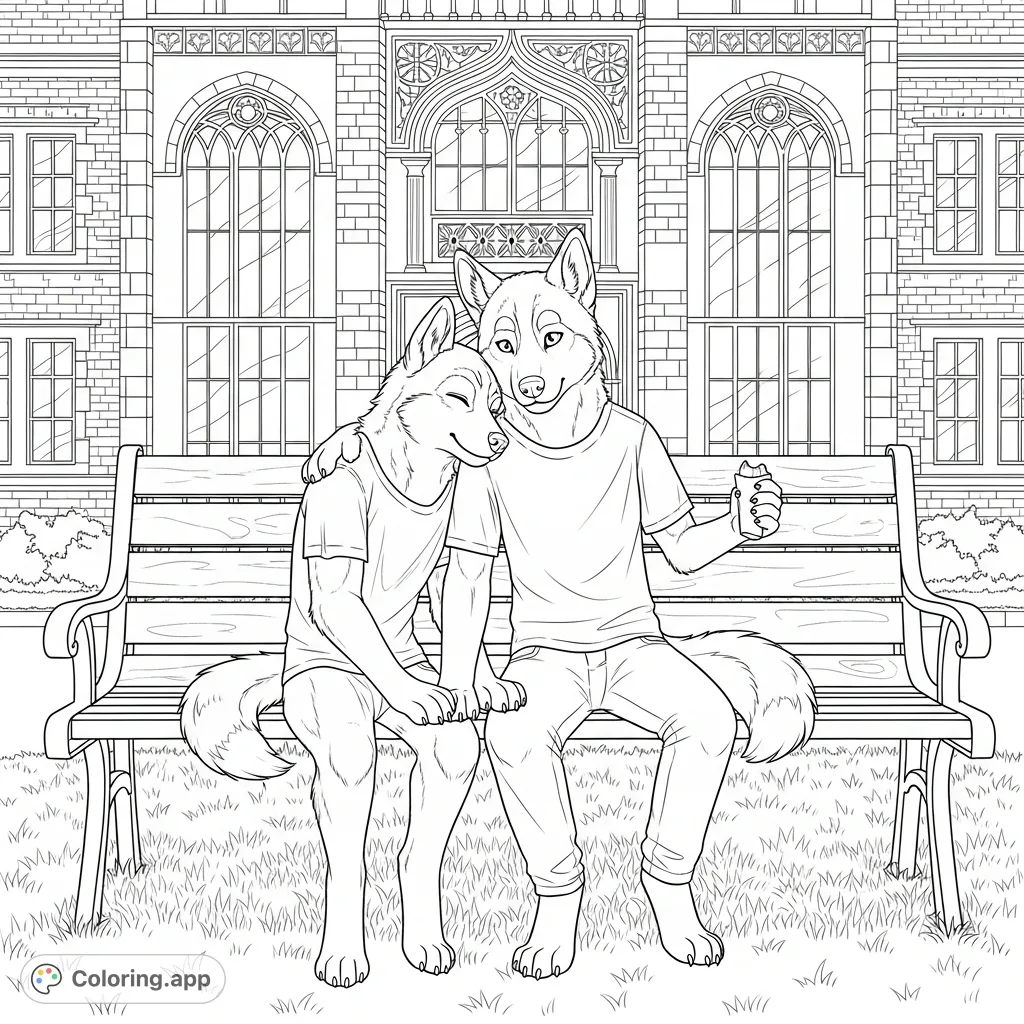 Two husky furries share a moment on a school quad bench, one resting its head on the other's shoulder while sharing a snack. Features intricate brickwork and lush grass.