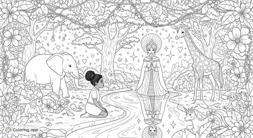 A young girl sees a regal queen in her river reflection, surrounded by jungle animal friends in an enchanted African landscape, sparking imagination.