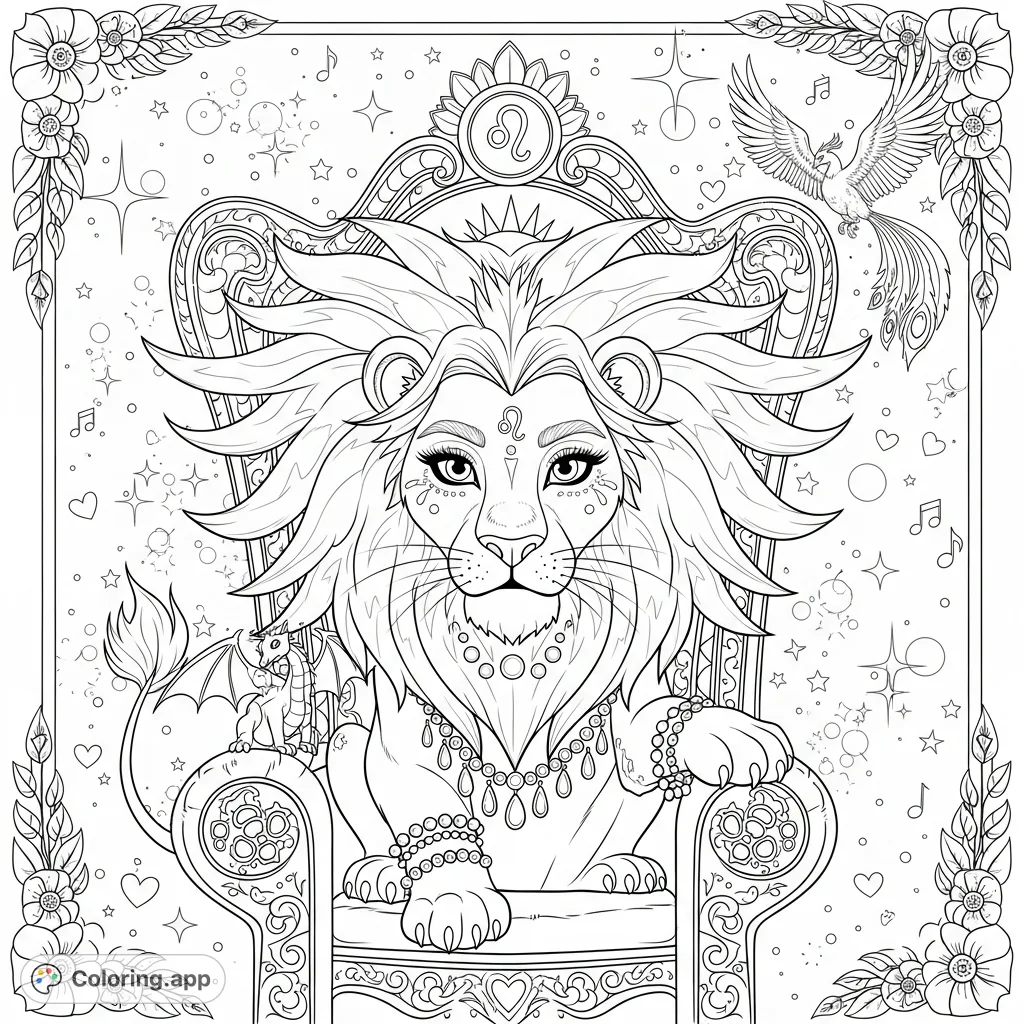 Unleash your creativity with this regal Leo zodiac coloring page, featuring a majestic cartoon lion adorned with intricate makeup, jewelry, and a fiery mane, seated on a grand, ornate throne.