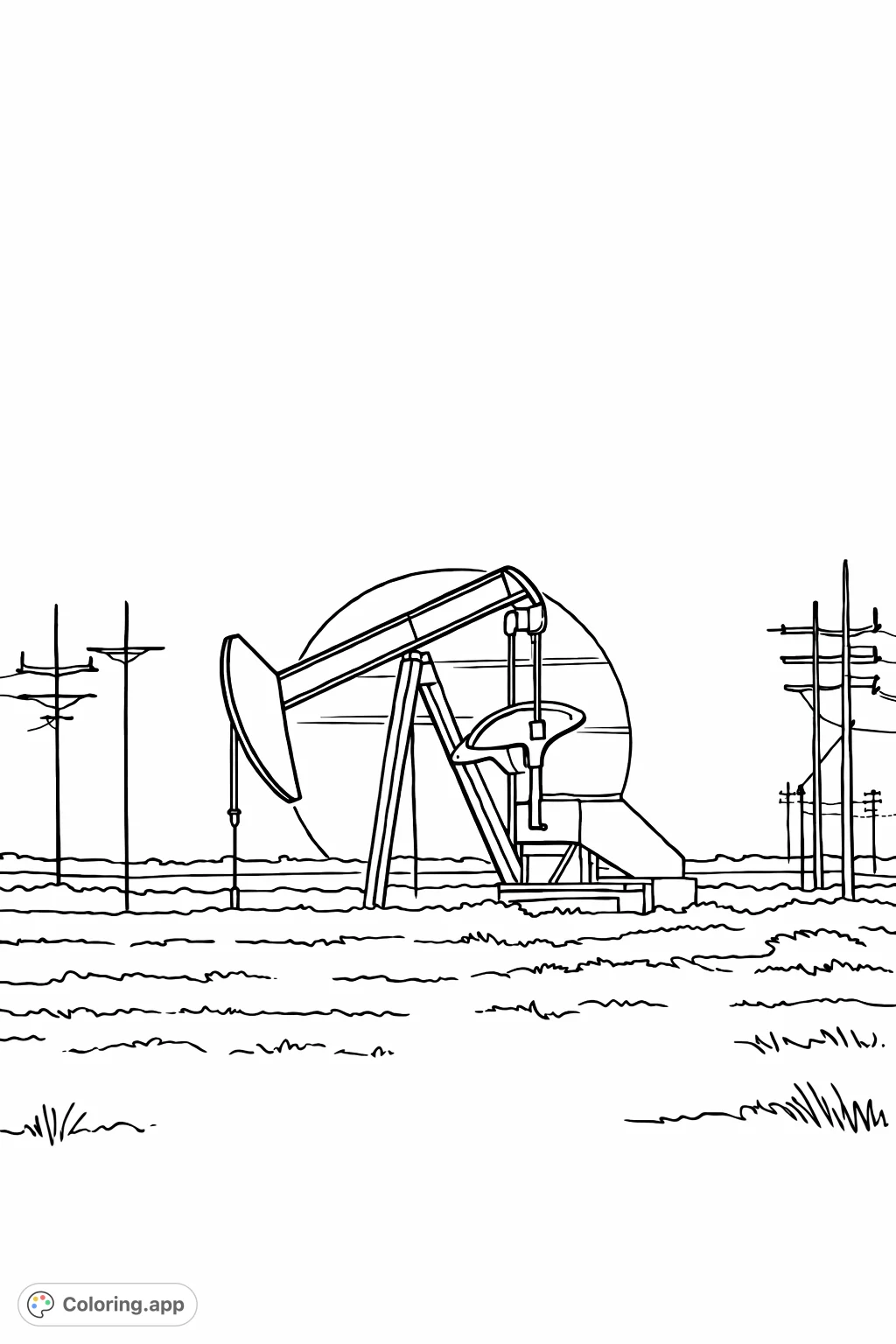 Color a dramatic industrial scene featuring a pumpjack silhouetted against a vast celestial body. A striking design for creative expression.