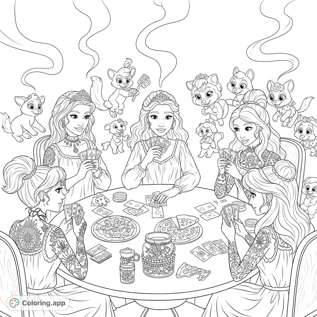 An adult princess coloring page featuring fairytale characters in nightgowns, playing cards, eating pizza, and enjoying cannabis. Perfect for unwind time!