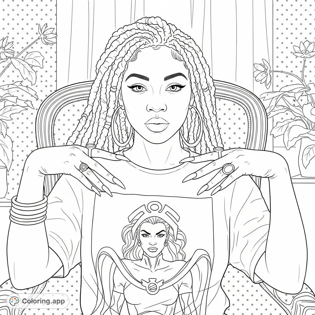 A striking Black American woman showcases her fashionable stiletto nails, hoop earrings, and rings, while wearing a Marvel Storm shirt and long Marley twists.