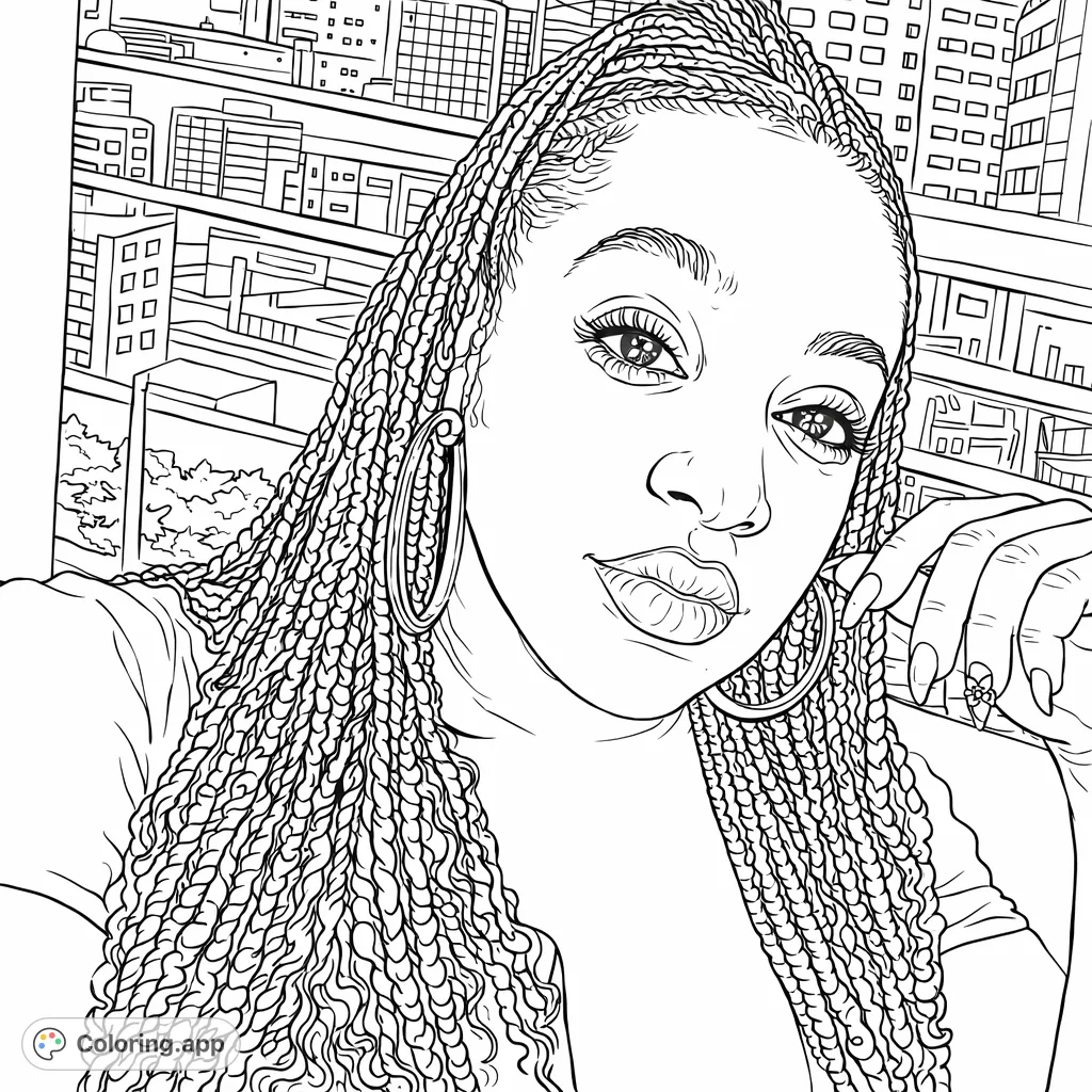 Unleash your creativity with this urban glamour portrait coloring page. Featuring intricate braids, detailed nails, and a city skyline background, it's a stylish challenge.