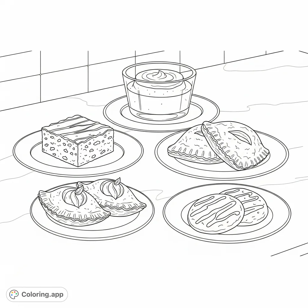 Indulge in a delightful array of individual desserts! This free printable coloring page features a brownie, custard, apple turnovers, and a sugar cookie on platters.