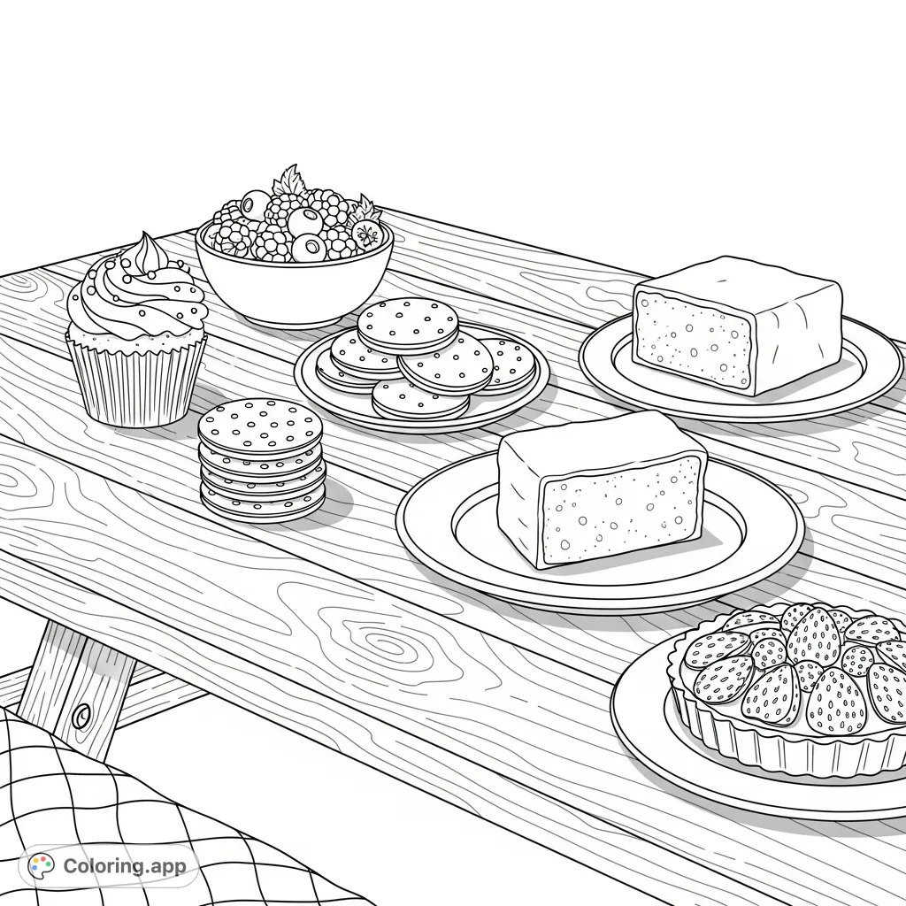A delightful spread of desserts, including a cupcake, berries, cookies, cake, and fruit tart, arranged on a rustic picnic table with a checkered blanket.