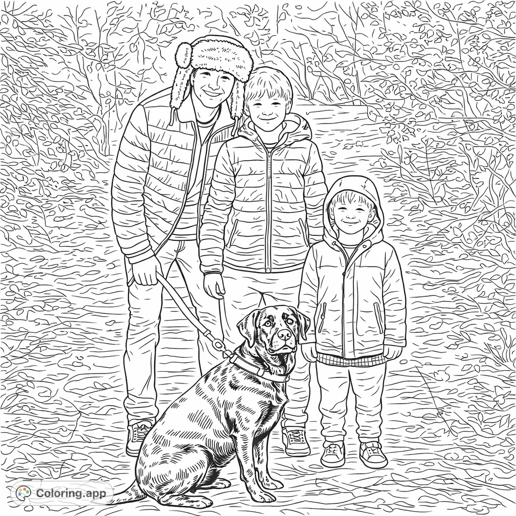 An outdoor adventure with three smiling boys and their loyal dog on a rustic forest path, offering a detailed scene for engaging coloring.