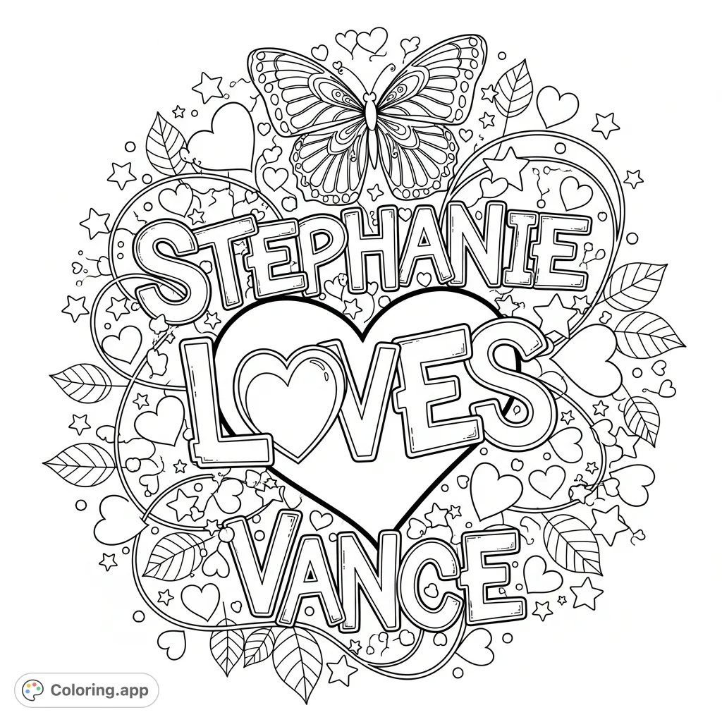 Bold graffiti letters spelling "Stephanie Loves Vance" surrounded by a heart, butterfly, stars, hearts, and leaf motifs. A unique personalized art piece!