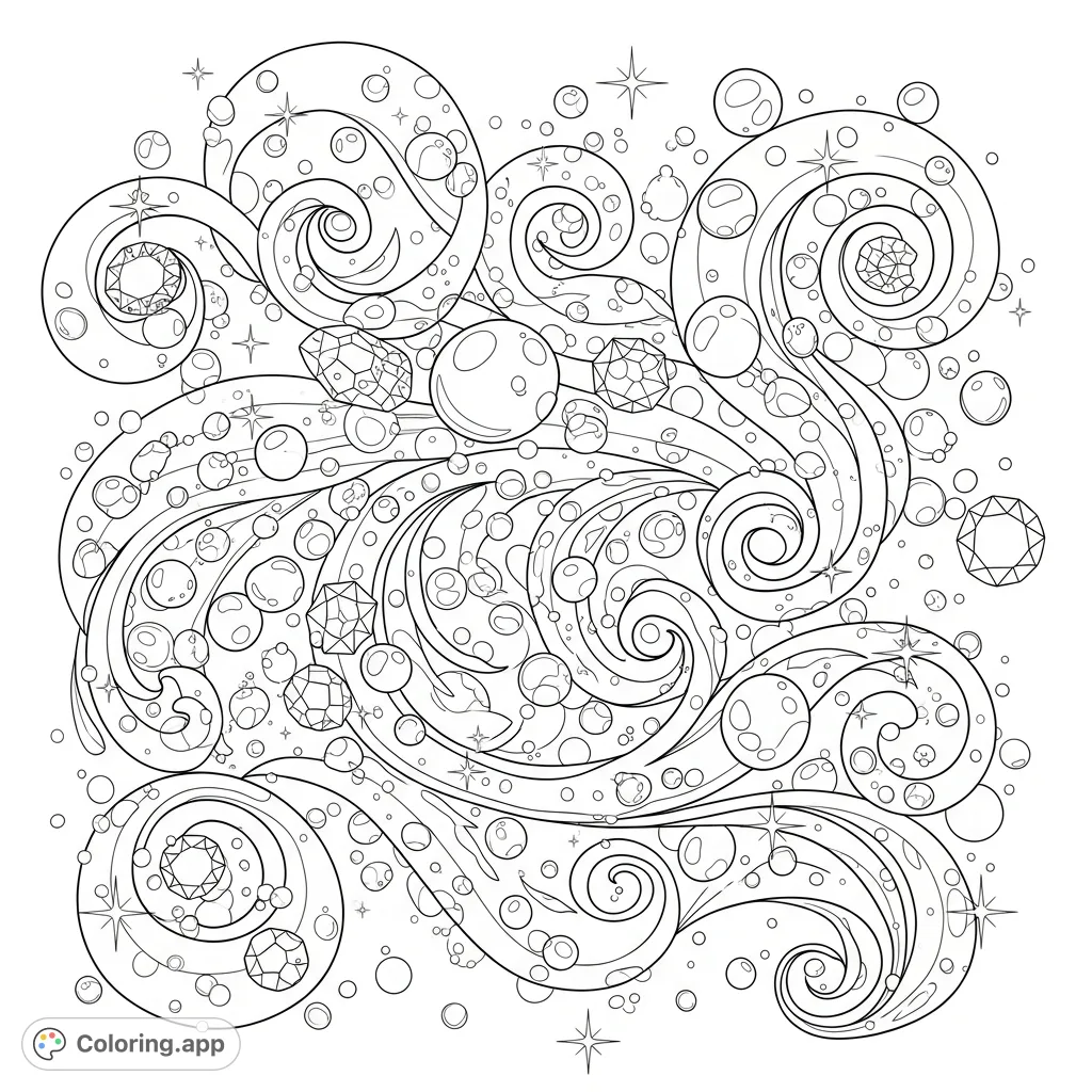 Dive into an abstract world of flowing swirls, delicate bubbles, sparkling light, and radiant gems. A mesmerizing design offering endless creative possibilities.
