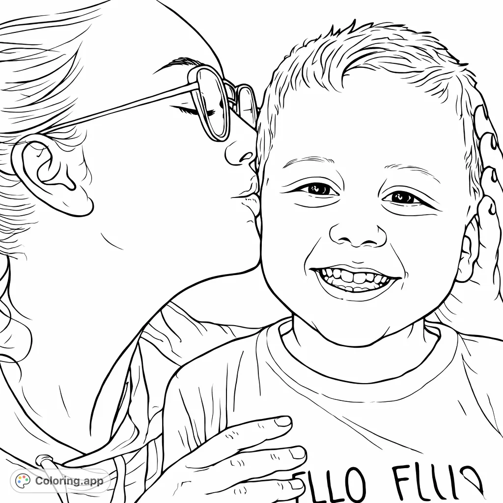 Capture a heartfelt moment of affection with this coloring page, featuring an adult tenderly kissing a joyful child. A perfect scene of love and connection.