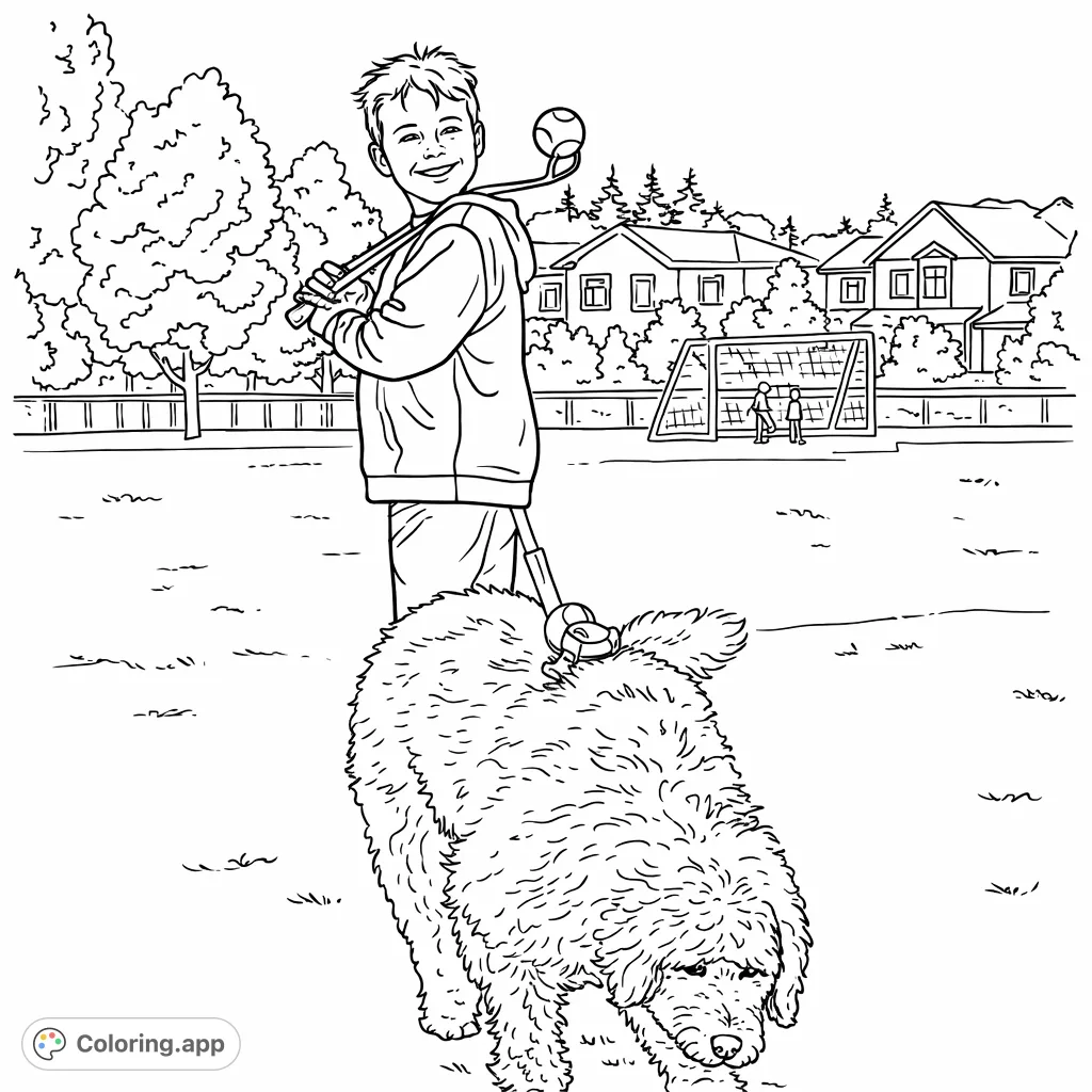 A cheerful boy and his fluffy dog enjoying a playful moment on a grassy field with autumn trees and distant houses. Perfect for pet lovers!