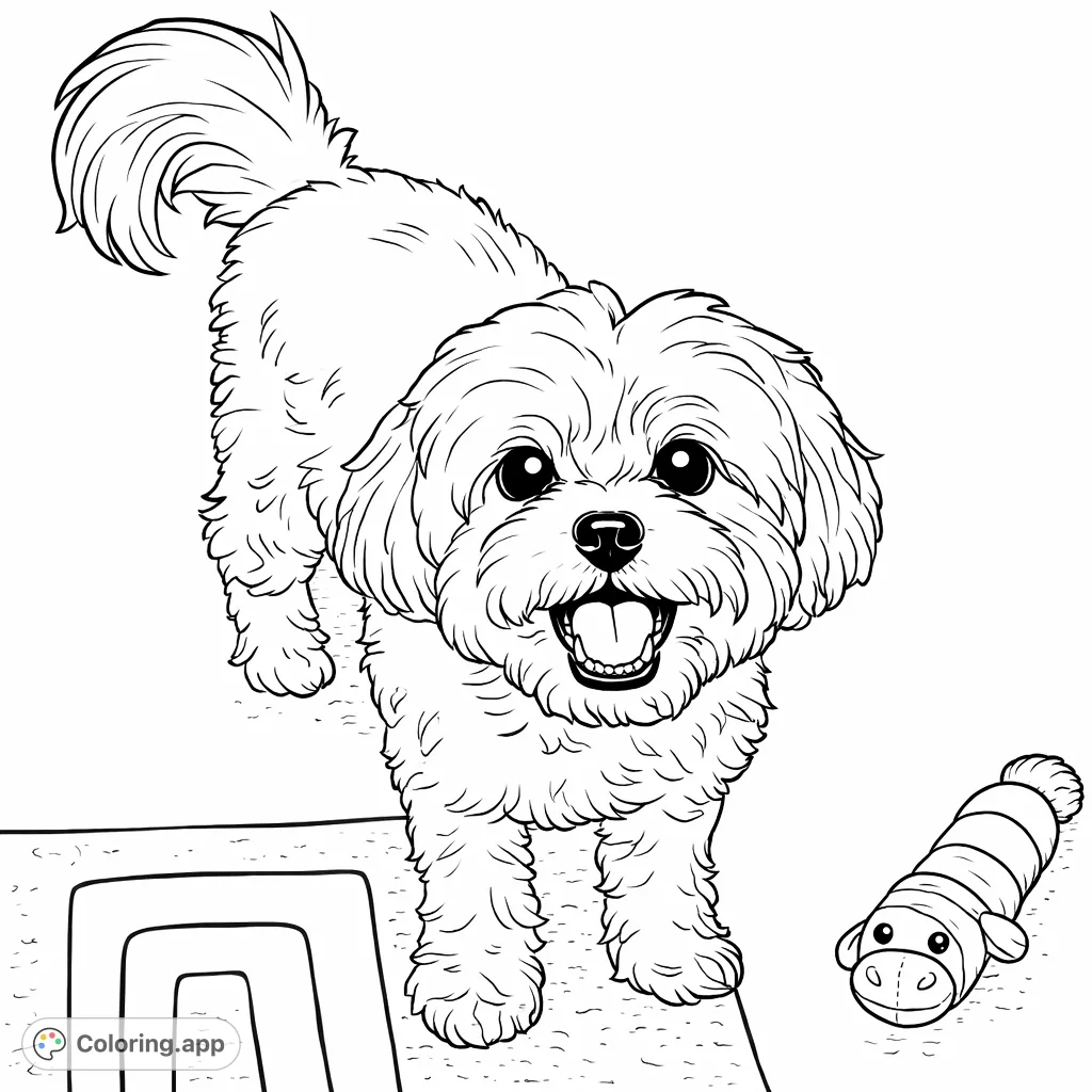 An adorable fluffy dog stands with a happy expression, ready to play with its toy on a cozy rug. Perfect for dog lovers and all ages!