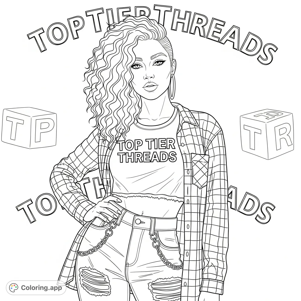 A stylish woman with voluminous curly hair, wearing ripped denim and flannel with "top tier threads" emblazoned on her shirt. Perfect for fashion enthusiasts.