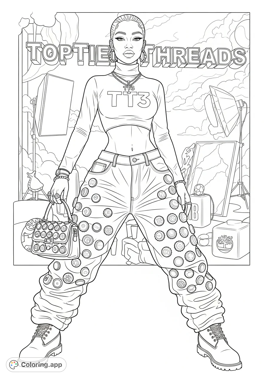 Discover a stylish girl sporting a TT3 turtleneck, stacked baggy jeans with unique bottle cap accents, and classic Timberland-style boots, perfect for urban fashion enthusiasts.