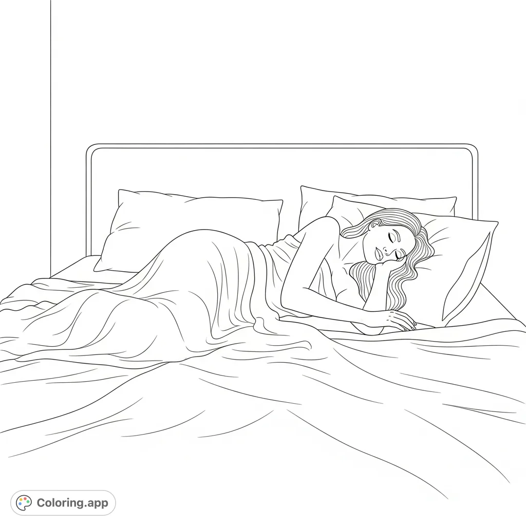 A serene depiction of a female figure gracefully reclining on a bed, emphasizing natural contours and soft drapery. Perfect for adults seeking artistic expression.