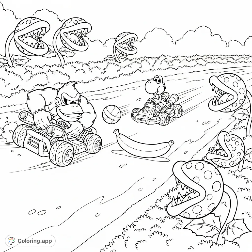 Experience thrilling raceway chaos! Donkey Kong swerves to avoid a projectile, while Yoshi races towards an obstacle. A dynamic scene of speed and suspense!