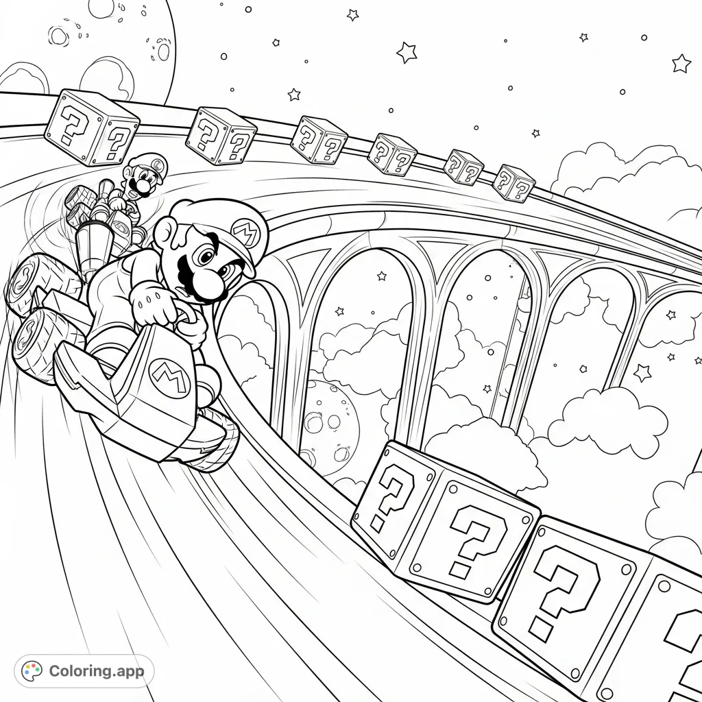 Join Mario and Luigi in an epic kart race through a starry cosmos! Navigate sharp bends and collect power-up boxes on this exciting, free printable high-speed adventure.