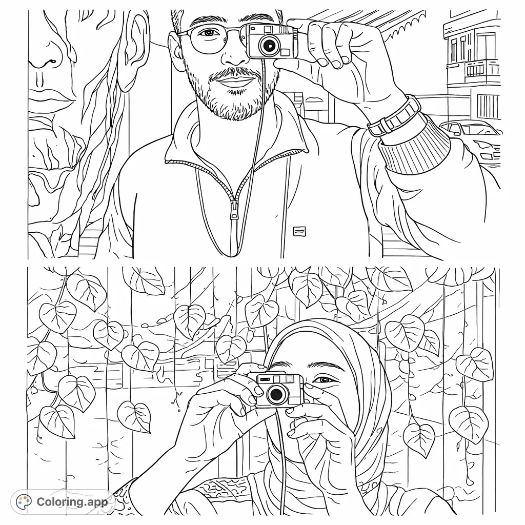 Explore two unique perspectives as individuals capture moments with miniature cameras, framed by decorative foliage. A modern portrait coloring page.