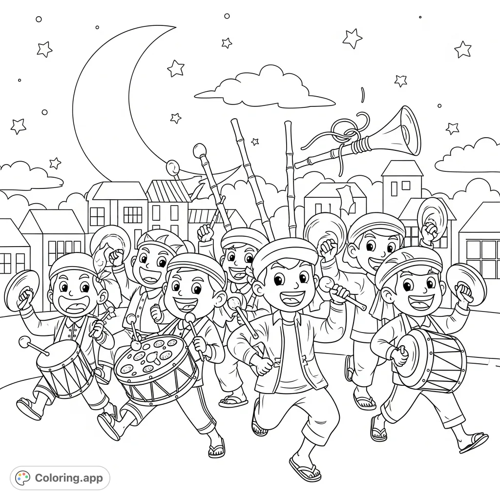 A whimsical tungtung sahur coloring page featuring lively, expressive characters with pizza drums and spaghetti horns. A fun, free printable coloring page for kids.