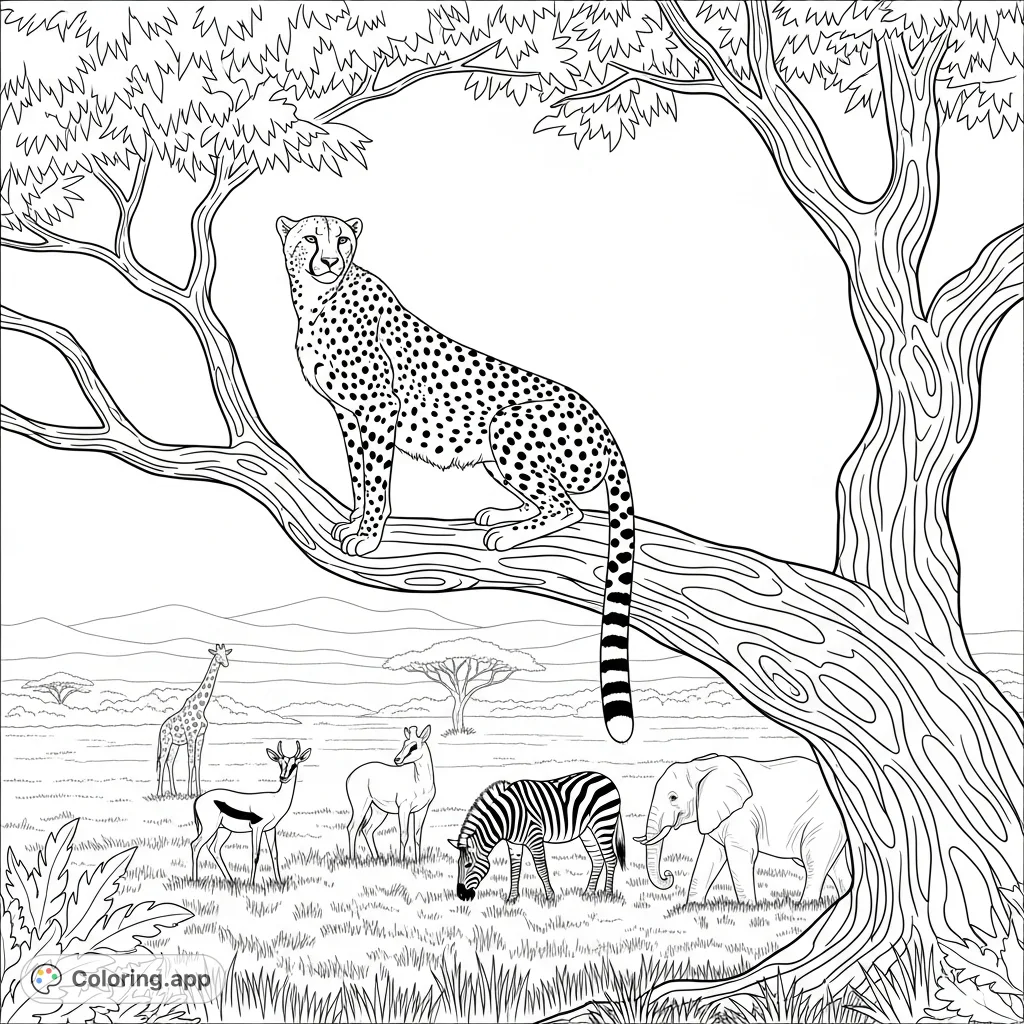A majestic cheetah surveys the savanna from its perch on a sturdy tree, observing grazing gazelles, zebras, and an elephant calf below. A detailed wildlife scene.