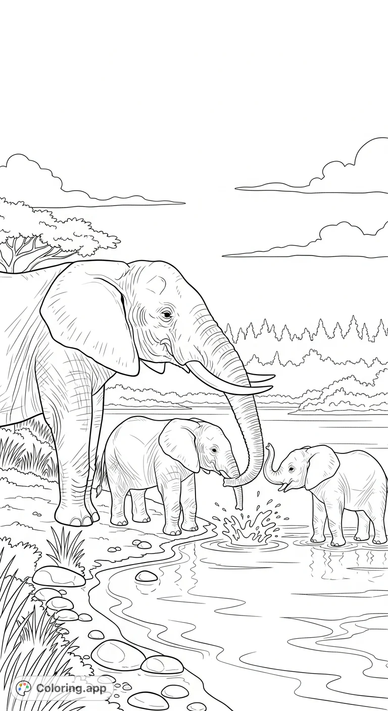 Discover a heartwarming elephant family coloring page at a serene river. Capture nature's beauty and wildlife in this engaging free printable.