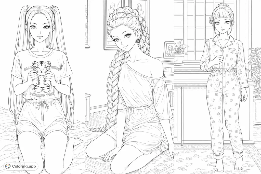 Three stylish anime girls showcase different outfits in charming scenes. A dynamic coloring page for anime fans to explore fashion and detailed backgrounds.