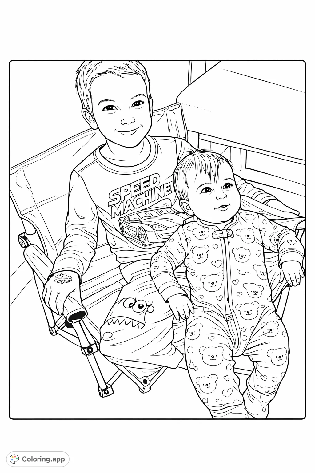Capture a heartwarming moment of two siblings, an older boy holding a baby, in a cozy indoor setting. Perfect for family-themed coloring fun!